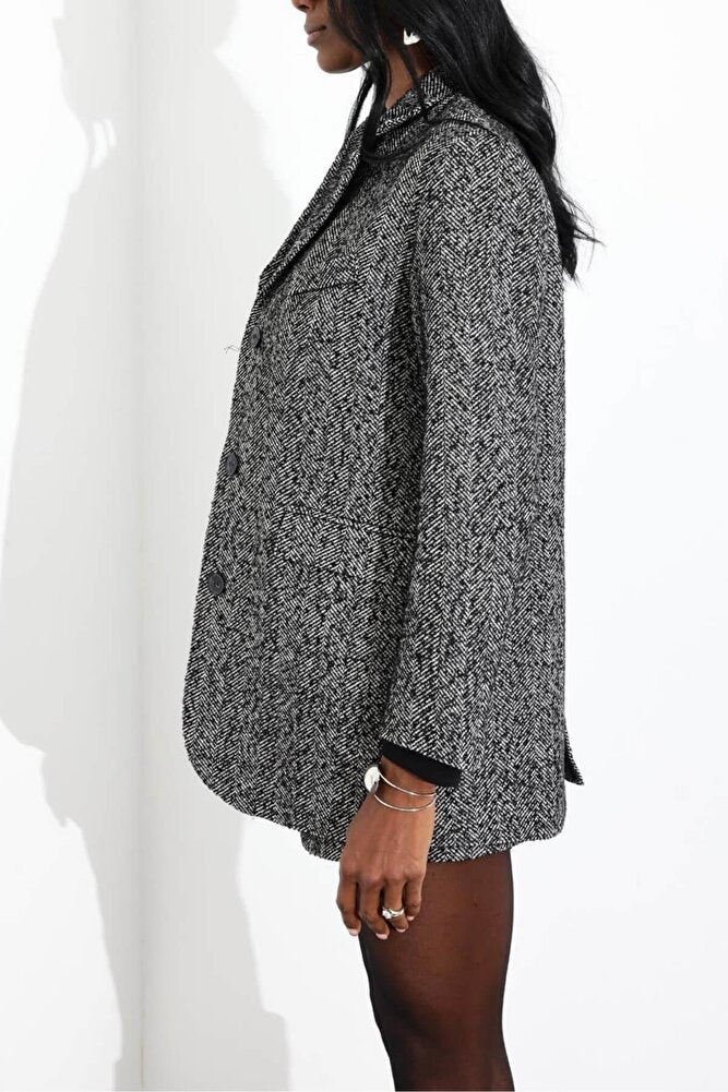 Kadın Premium Kalite Oversize Vatkalı Balıksırtı Desenli Blazer Ceket
