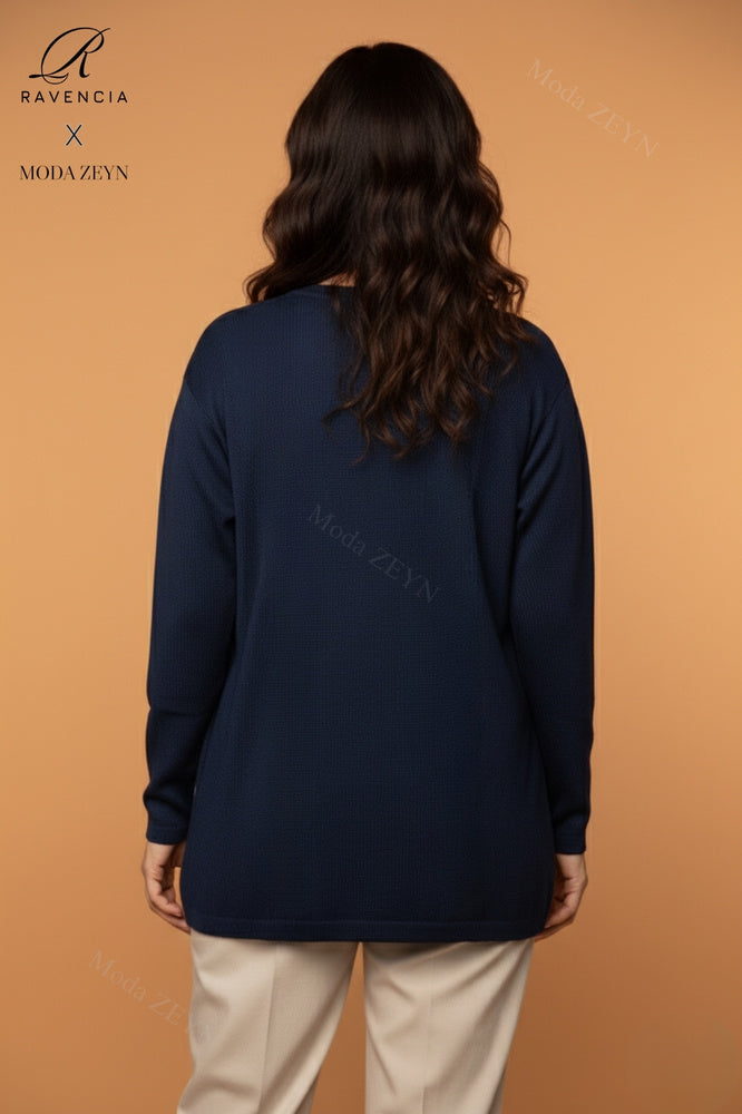 Kadın Bisiklet Yaka Likralı Desenli Triko Anne Kazak