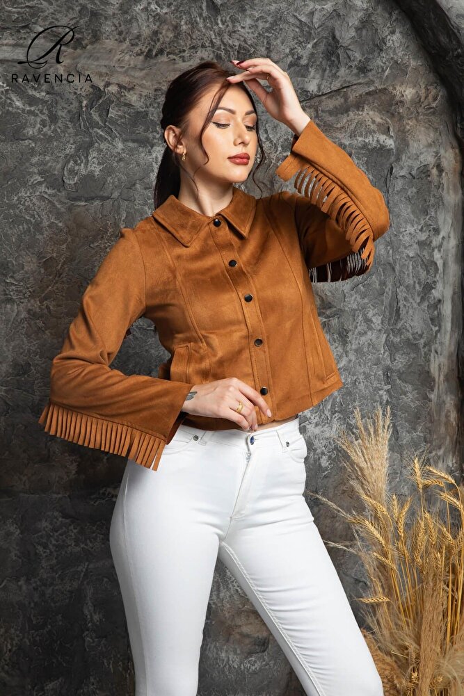 Kadın Western Süet Püsküllü Nakışlı Ceket