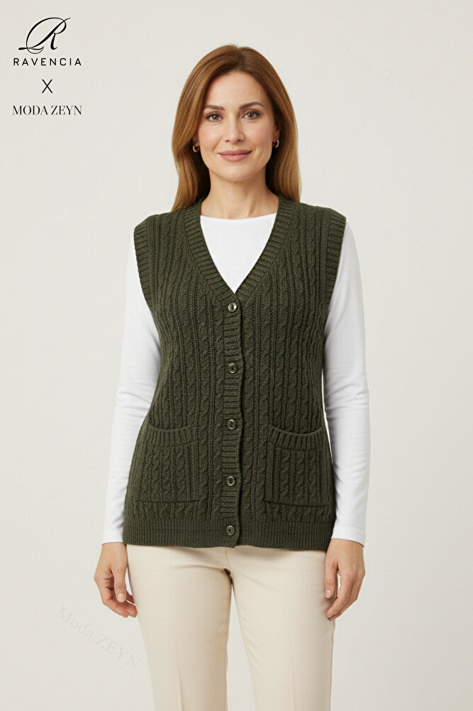 Kadın V Yaka Kalın Yün Saç Örgü Triko Düğmeli Cepli Anne Yelek