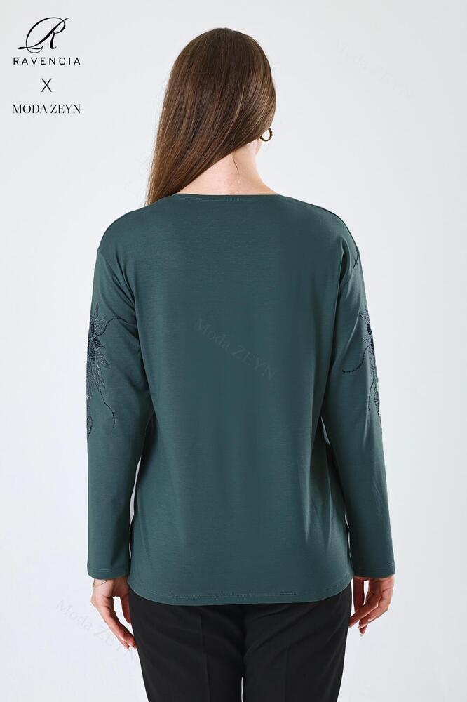 Kadın Orta Yaş Ve Üzeri Viskon Çiçek Desen Taşlı Işlemeli Likralı Anne Penye Bluz