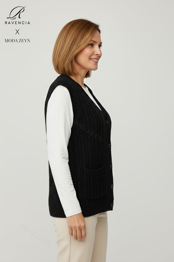 Kadın V Yaka Kalın Yün Saç Örgü Triko Düğmeli Cepli Anne Yelek