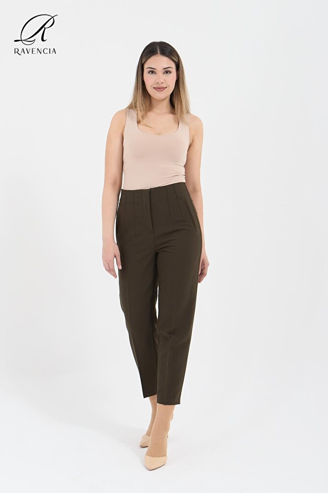 Kadın Model Yüksek Bel Kumaş Koyu Kırmızı Pantolon