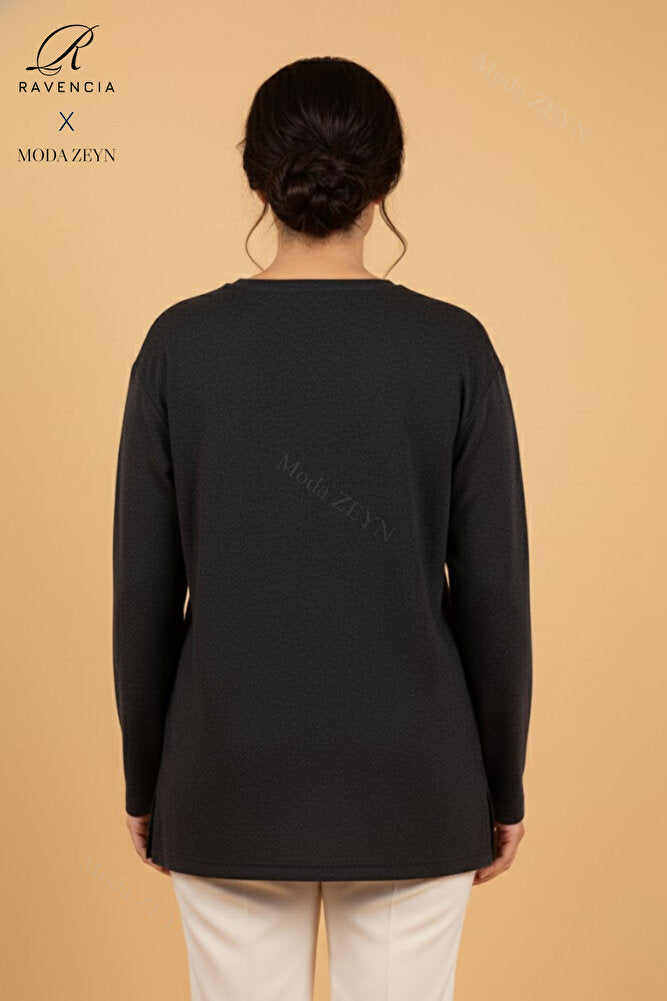 Kadın Damla Desenli Taşlı Likralı Yırtmaçlı Yün Anne Penye Bluz