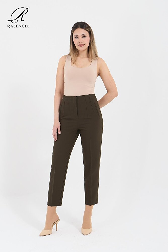 Kadın Model Yüksek Bel Kumaş Koyu Kırmızı Pantolon