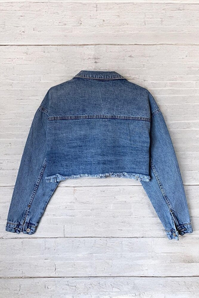 Kadın Taşlı Oversize Mavi Kot Ceket