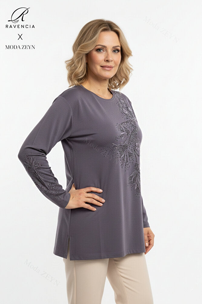 Kadın Orta Yaş Ve Üzeri Viskon Yapraklı Desen Taşlı Yırtmaçlı İşlemeli Likralı Anne Penye Bluz