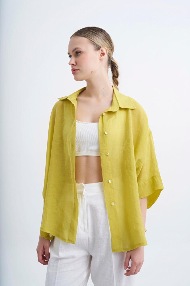 Kadın Yarım Kol Oversize İpeksi Gömlek