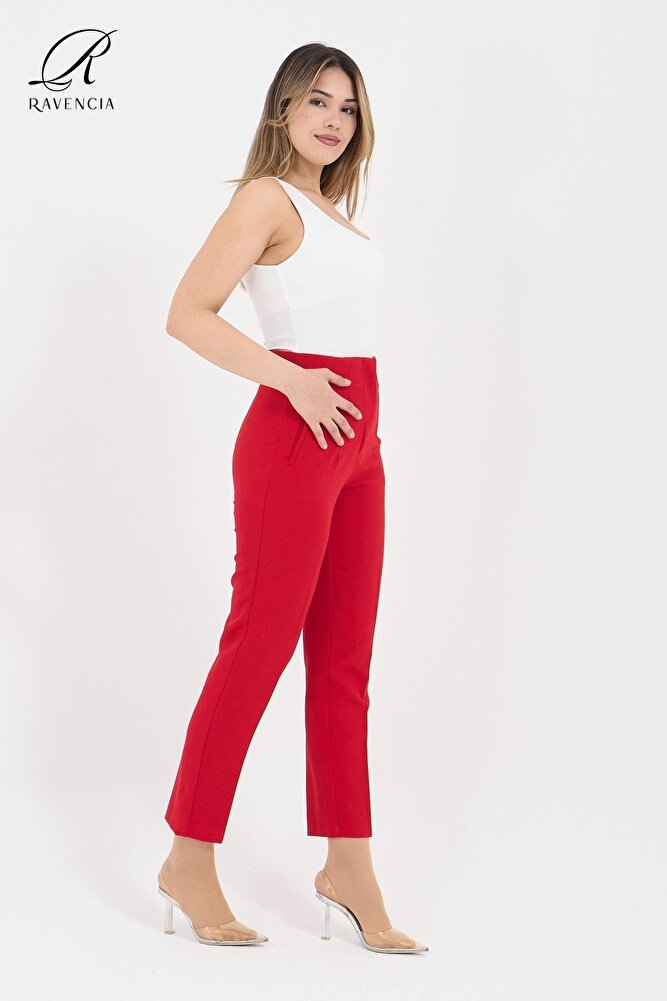 Kadın Model Yüksek Bel Kumaş Koyu Kırmızı Pantolon