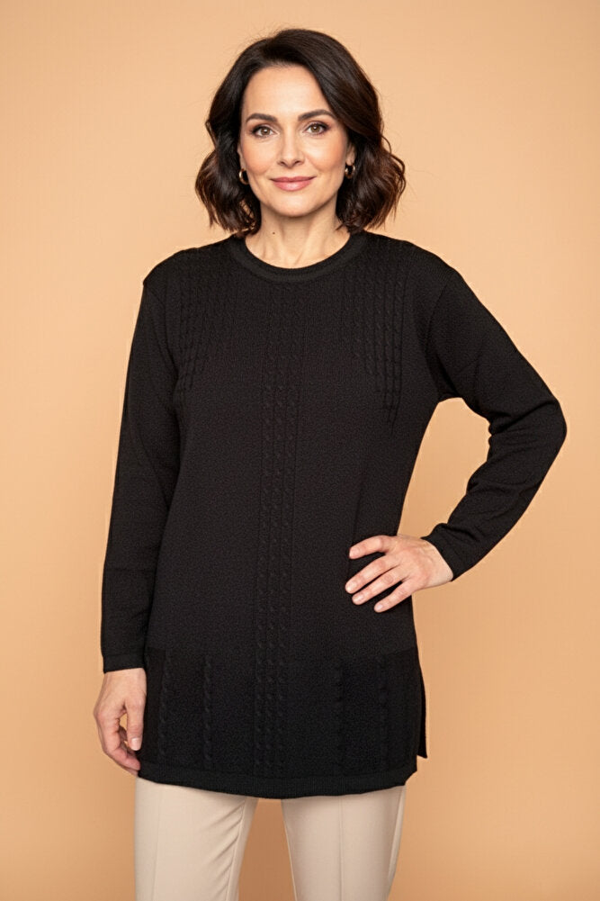 Kadın Bisiklet Yaka Likralı Desenli Triko Anne Kazak