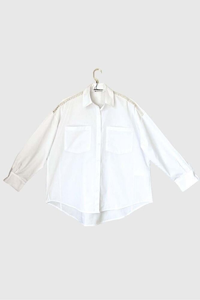 Kadın Omuz İşlemeli Beyaz Oversize Gömlek