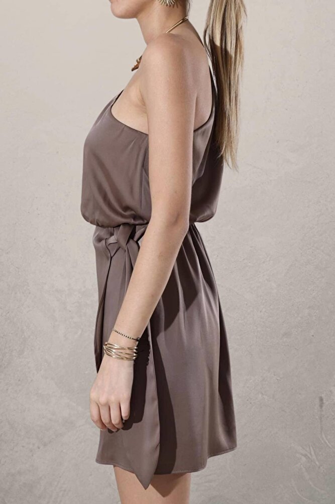 Kadın Tek Omuz Anvelop Mini Saten Elbise