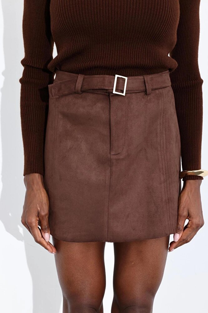 Kadın Premium Kalite Süet Kemerli Likralı Acı Kahve Etek