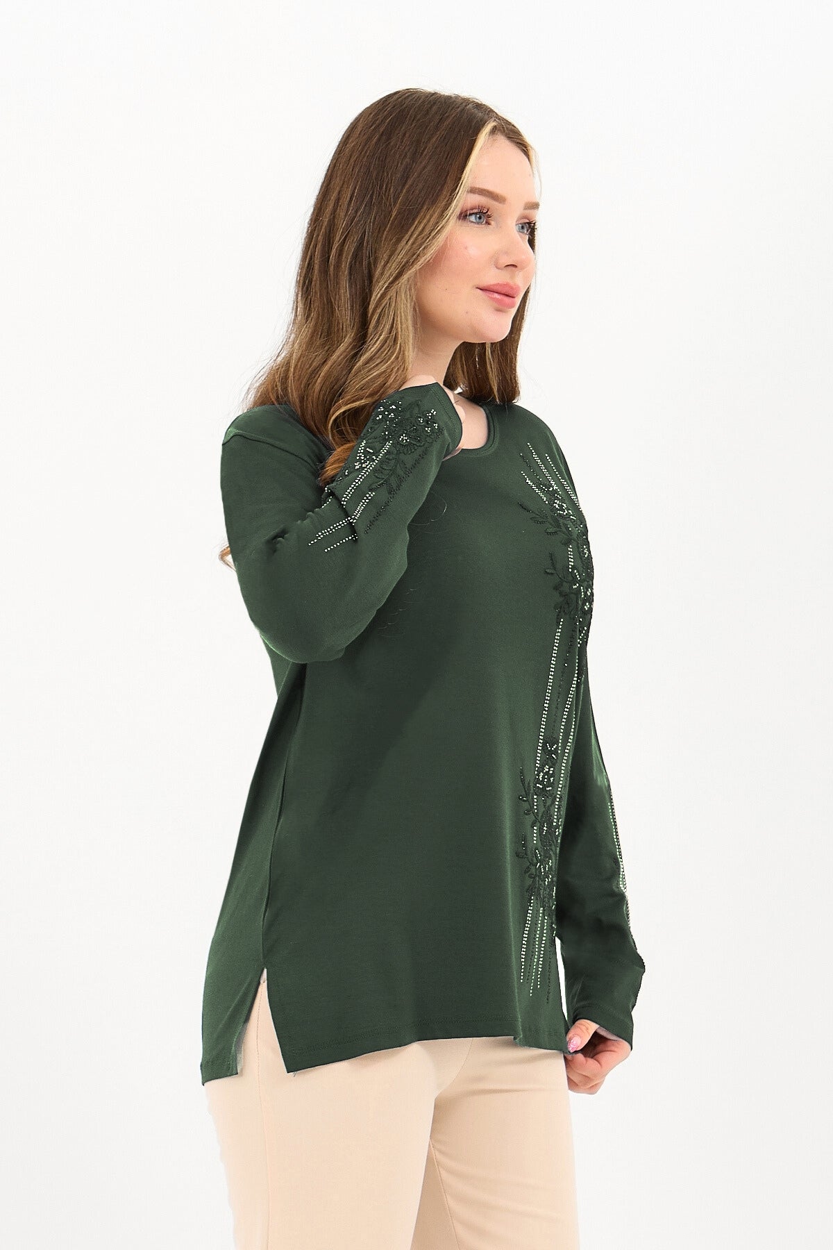 Kadın Kışlık Orta Yaş Ve Üzeri Viskon Şerit Desen Taşlı Işlemeli Likralı Anne Penye Bluz