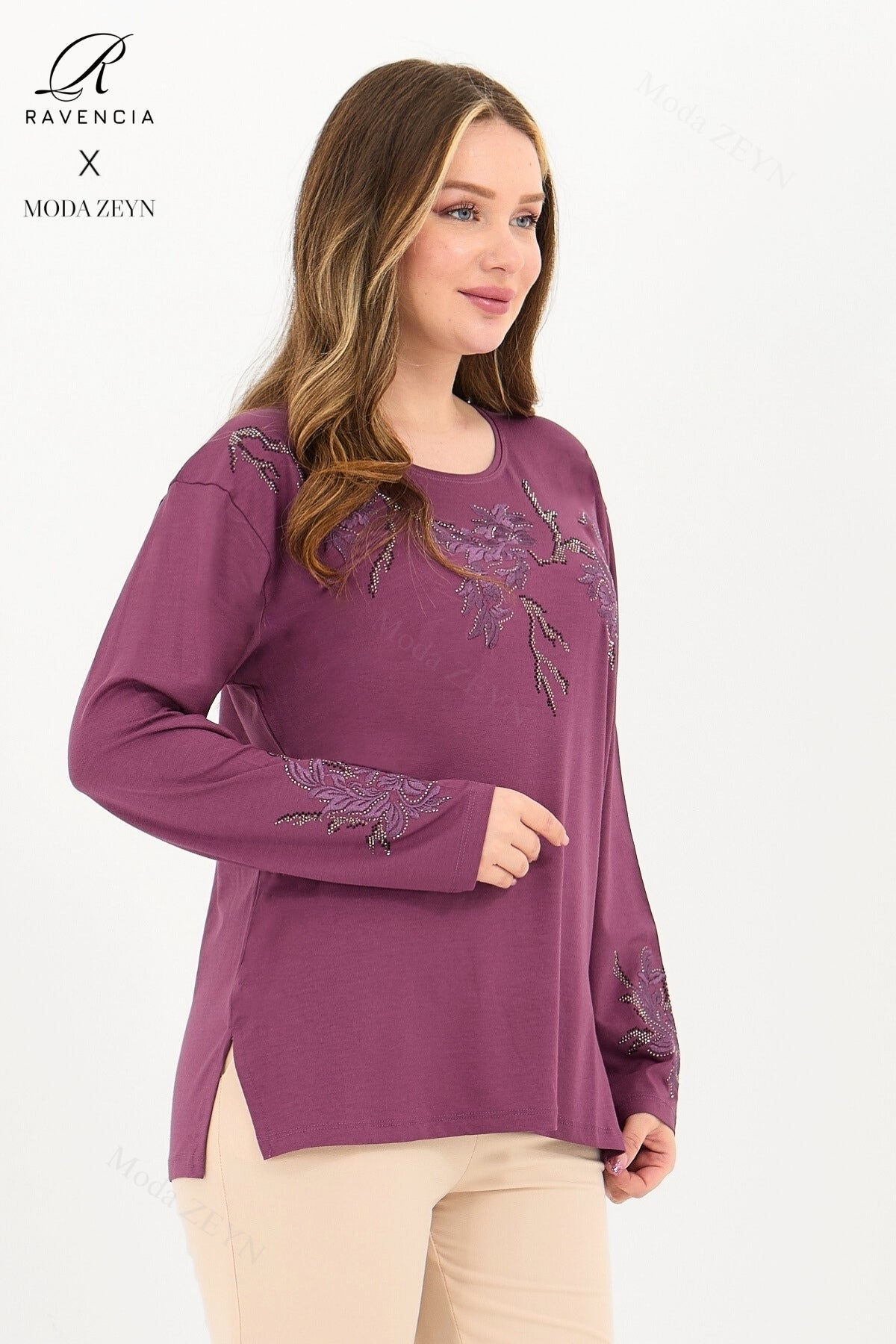 Kadın Orta Yaş Ve Üzeri Viskon Ağaç Desen Taşlı Işlemeli Likralı Anne Penye Bluz