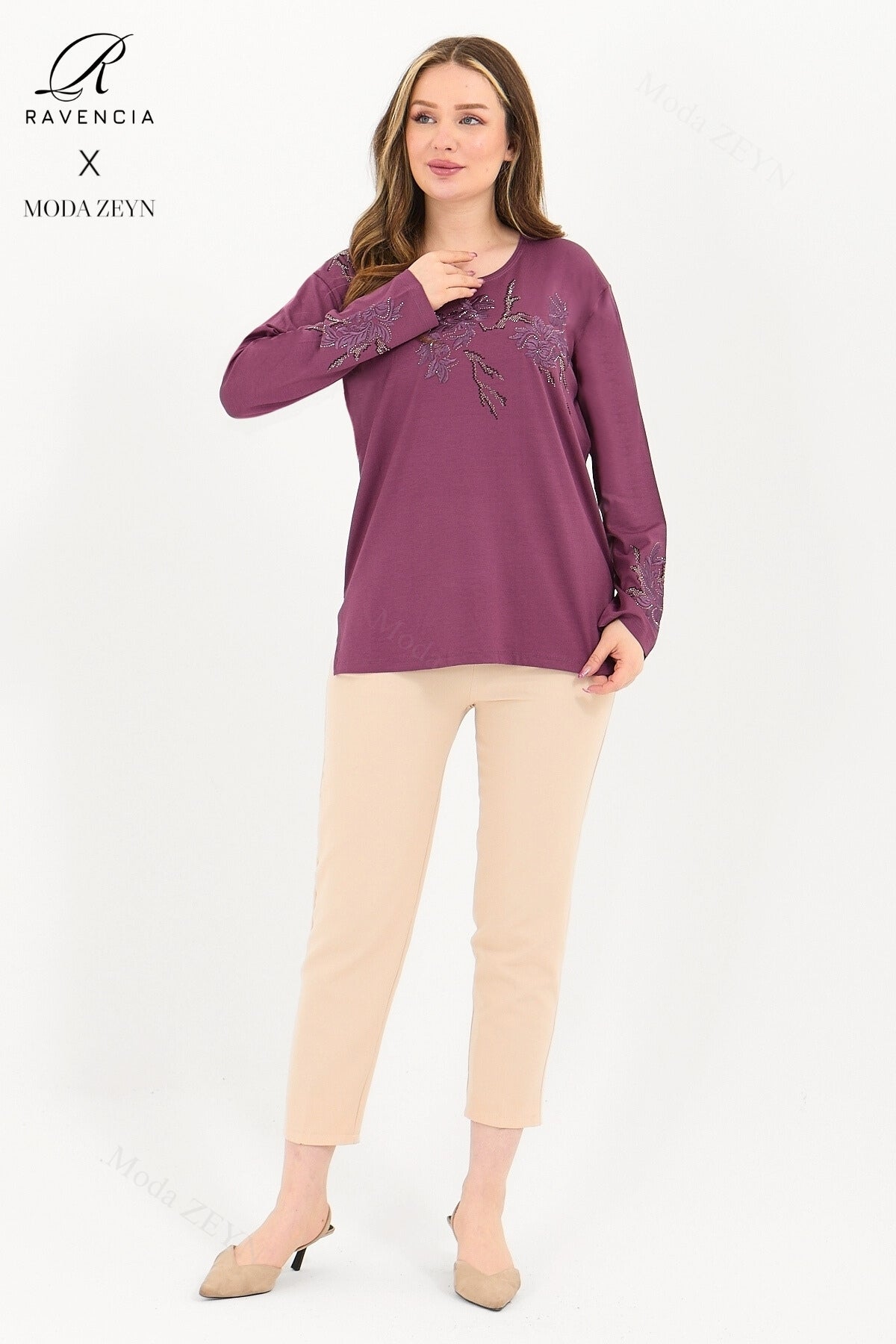 Kadın Orta Yaş Ve Üzeri Viskon Ağaç Desen Taşlı Işlemeli Likralı Anne Penye Bluz