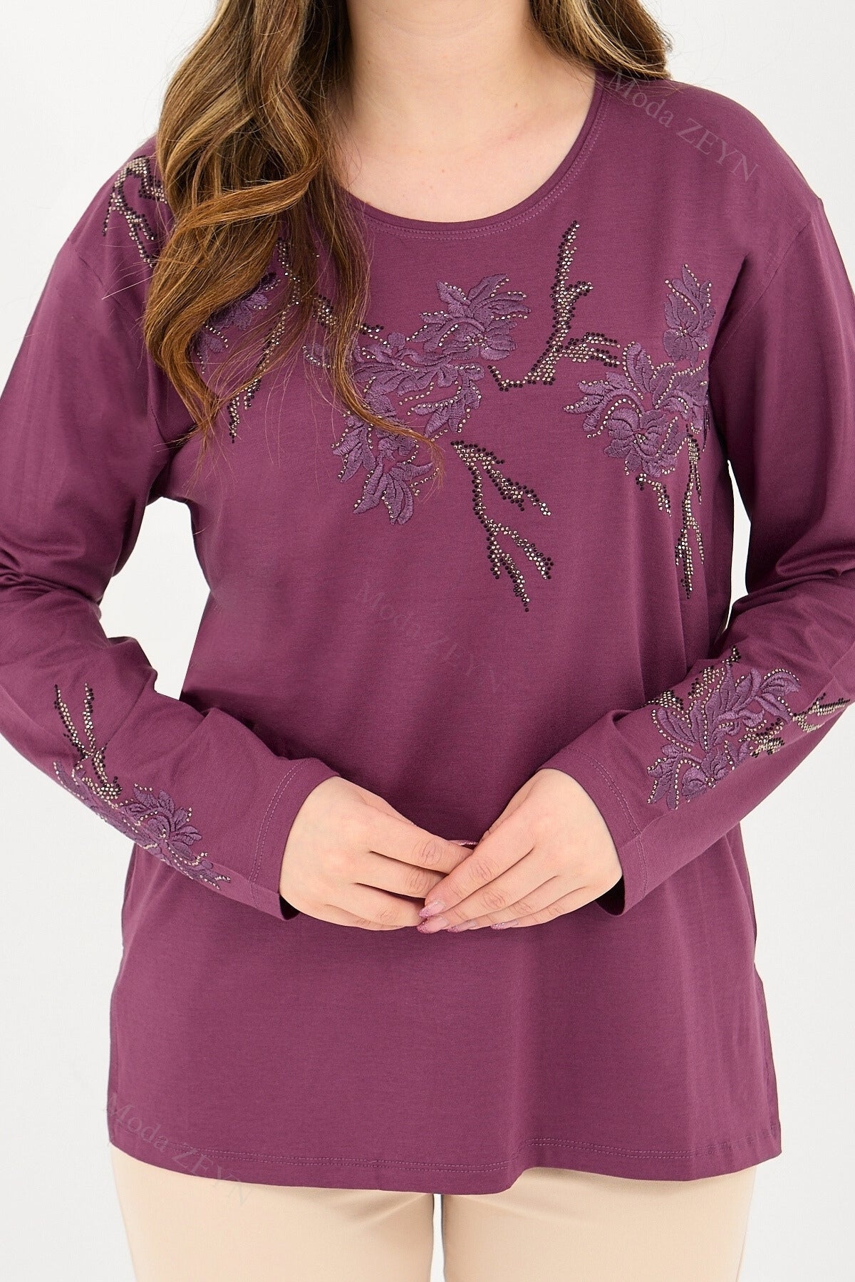 Kadın Orta Yaş Ve Üzeri Viskon Ağaç Desen Taşlı Işlemeli Likralı Anne Penye Bluz