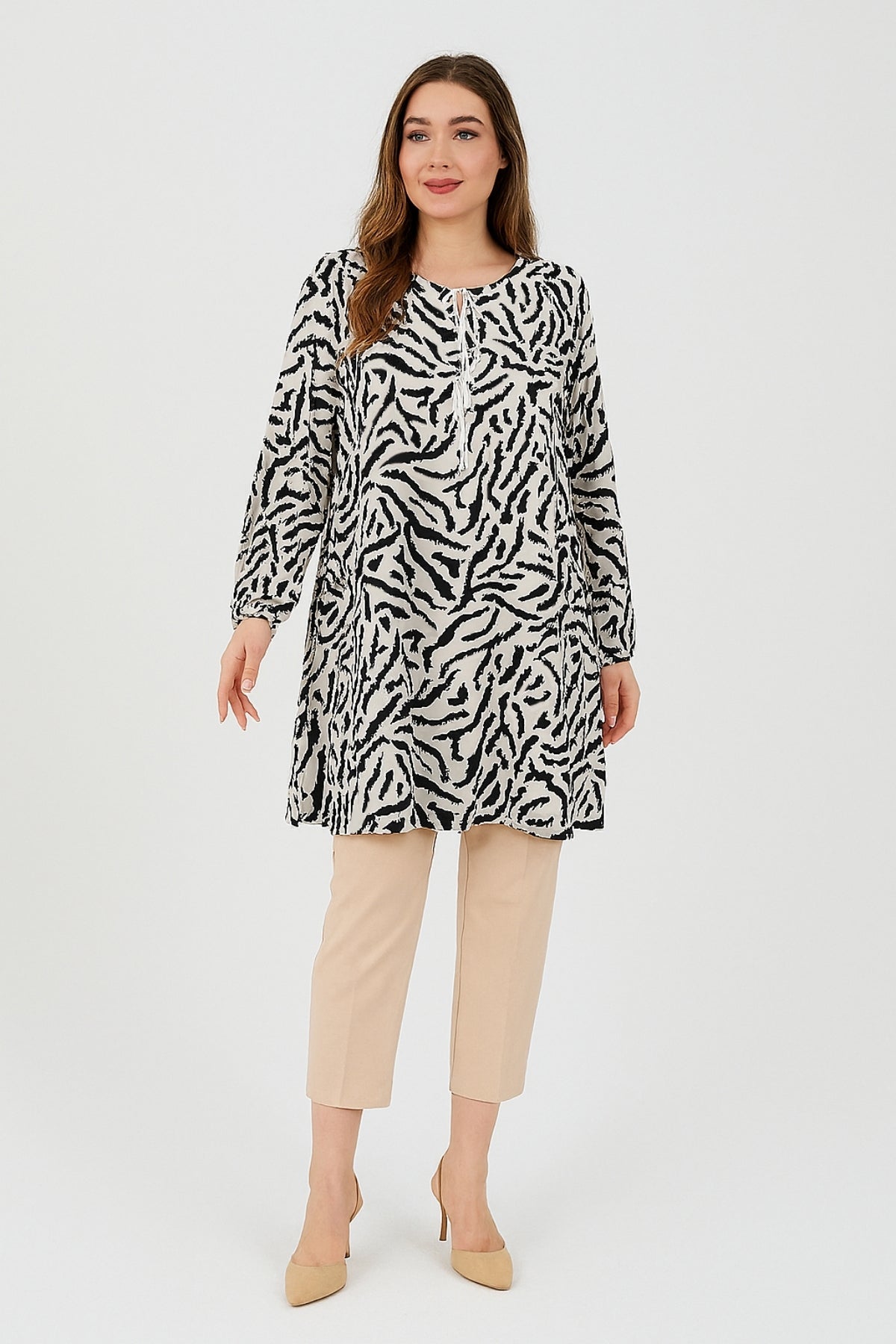 Kadın Zebra Desenli Dokuma Tunik