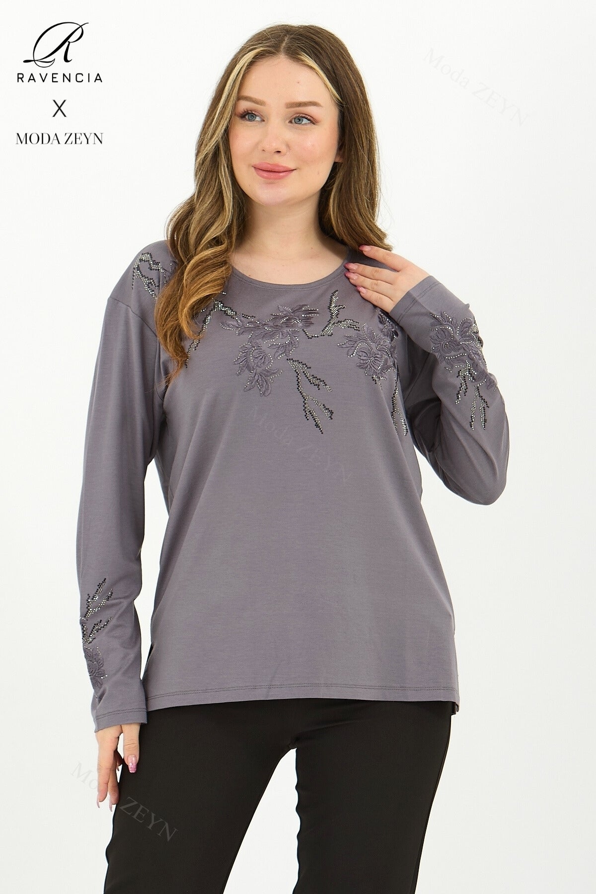 Kadın Viskon Ağaç Desen Taşlı Işlemeli Likralı Anne Penye Bluz