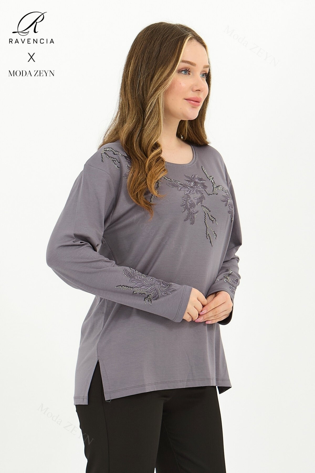 Kadın Viskon Ağaç Desen Taşlı Işlemeli Likralı Anne Penye Bluz