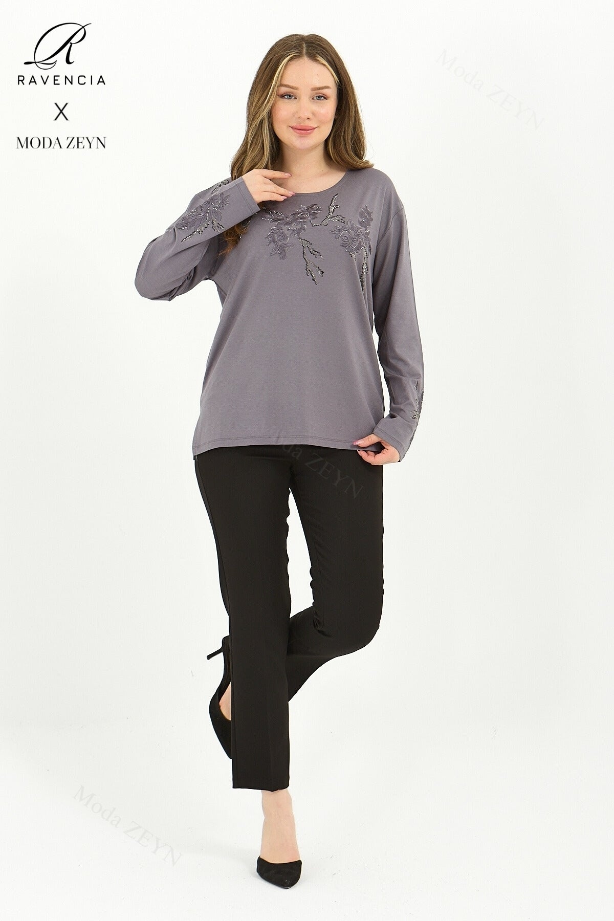 Kadın Viskon Ağaç Desen Taşlı Işlemeli Likralı Anne Penye Bluz