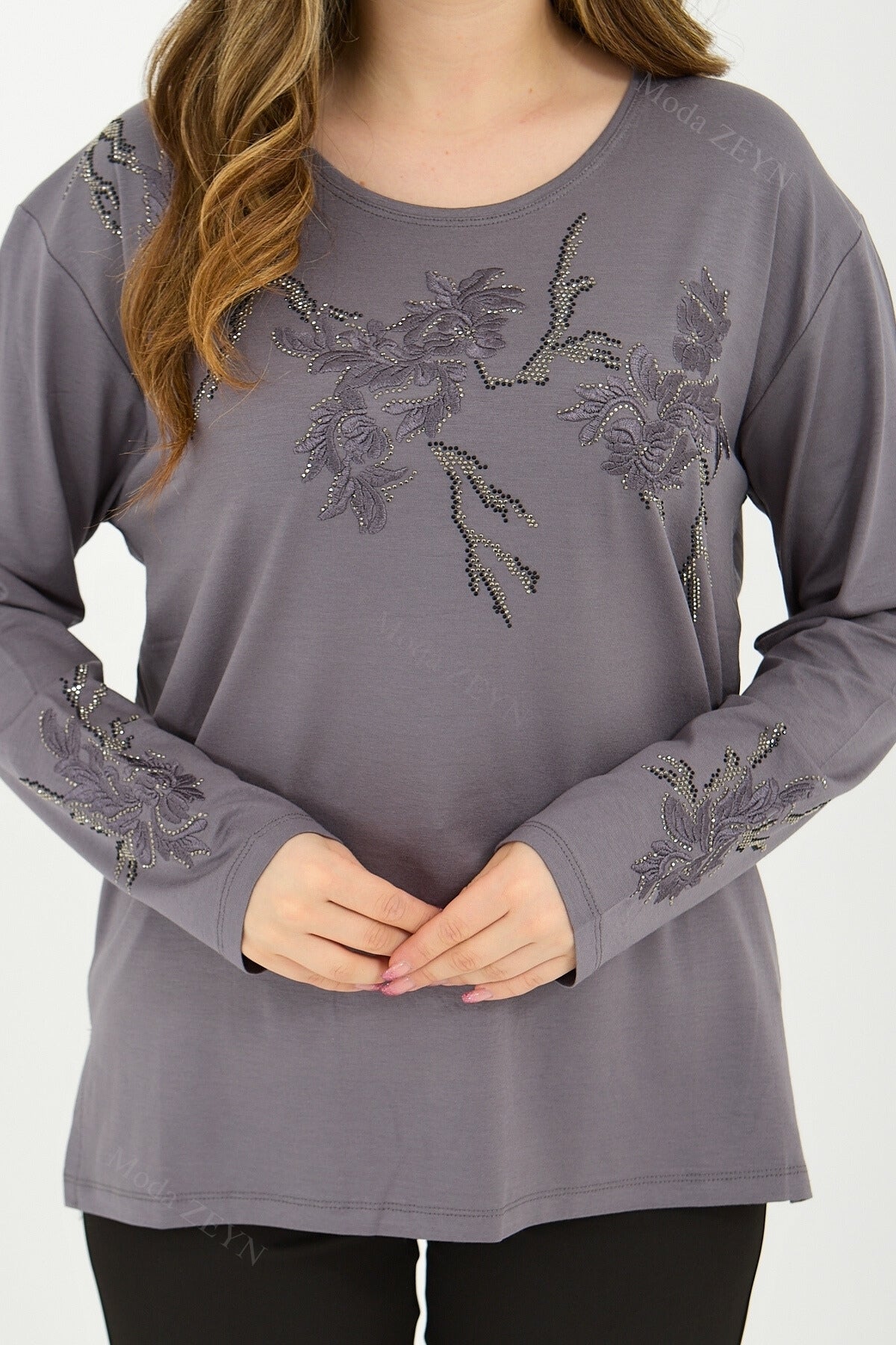 Kadın Orta Yaş Ve Üzeri Viskon Ağaç Desen Taşlı Işlemeli Likralı Anne Penye Bluz