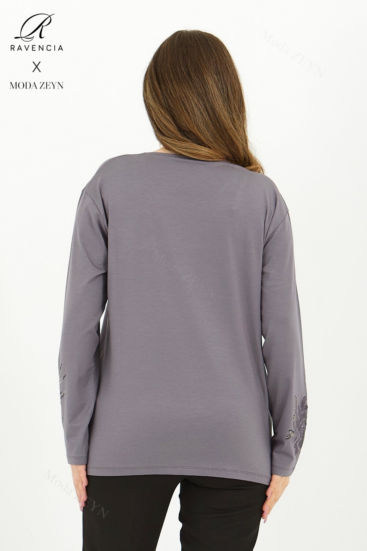 Kadın Viskon Ağaç Desen Taşlı Işlemeli Likralı Anne Penye Bluz