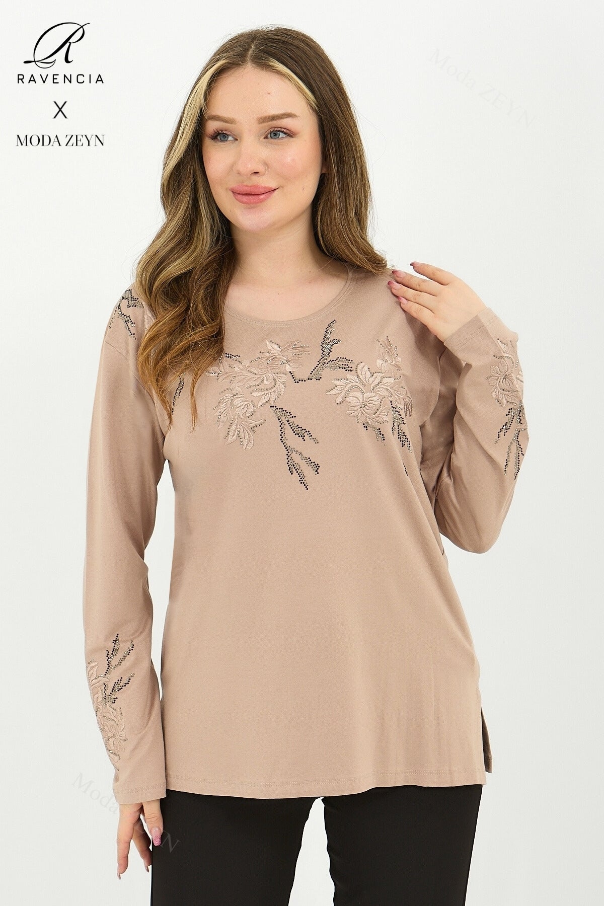 Kadın Viskon Ağaç Desen Taşlı Işlemeli Likralı Anne Penye Bluz