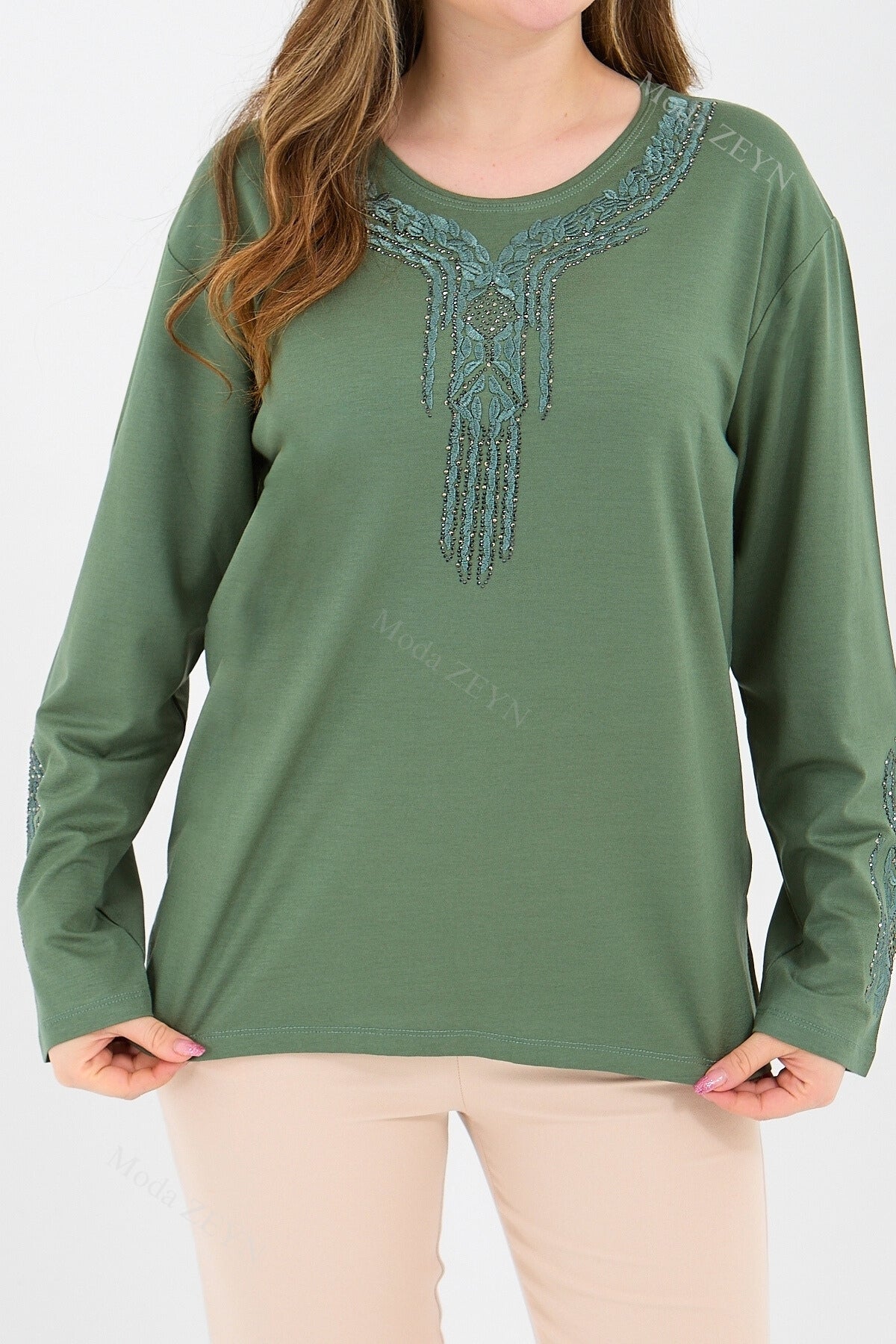 Kadın Orta Yaş Ve Üzeri Viskon Madolyon Desen Taşlı Işlemeli Likralı Anne Penye Bluz