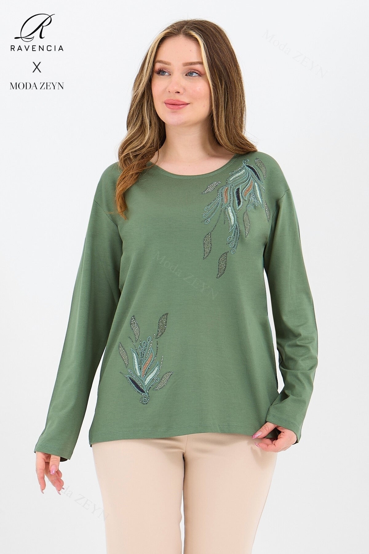 Kadın Orta Yaş Ve Üzeri Viskon Renkli Yaprak Desen Taşlı İşlemeli Likralı Anne Penye Bluz