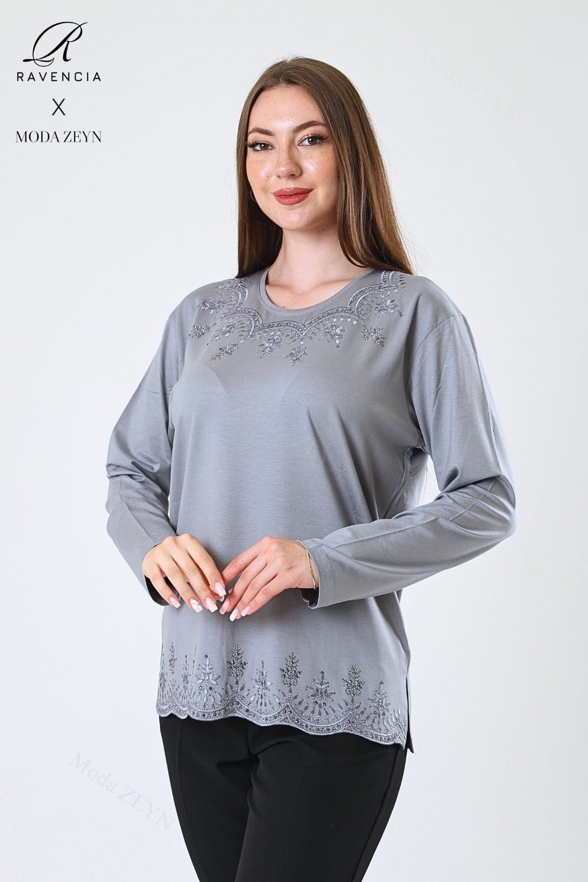 Kadın Orta Yaş Ve Üzeri Viskon Yaprak Desenli Eteği Yakası Taşlı Işlemeli Likralı Zümrüt Anne Penye