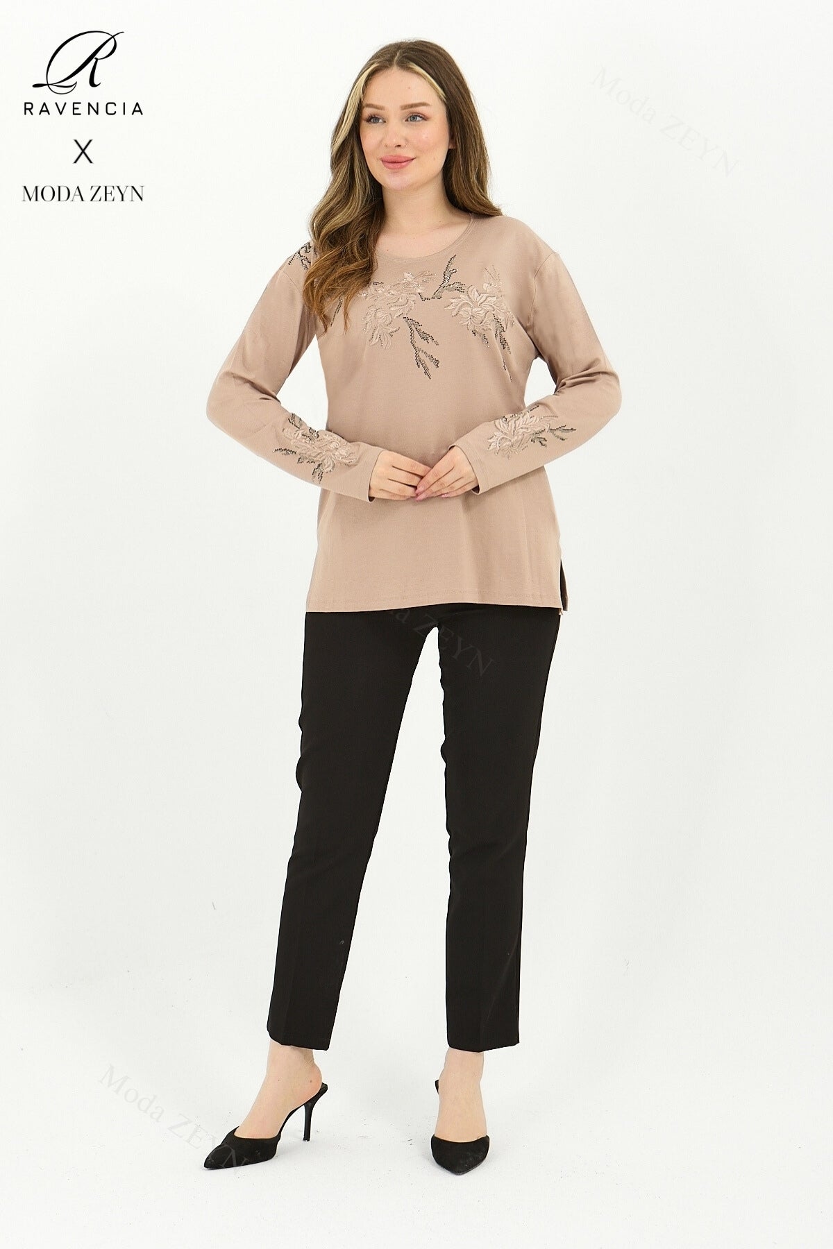 Kadın Orta Yaş Ve Üzeri Viskon Ağaç Desen Taşlı Işlemeli Likralı Anne Penye Bluz