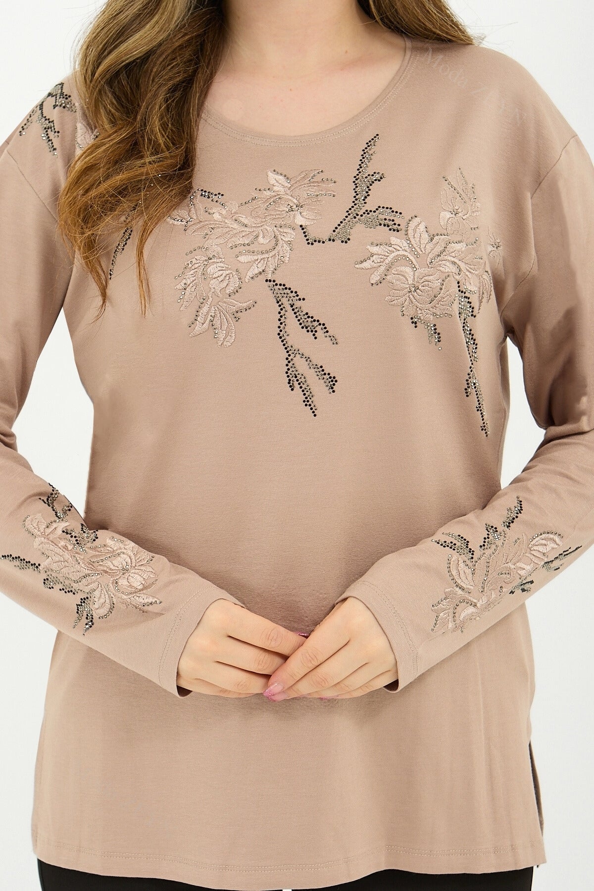 Kadın Orta Yaş Ve Üzeri Viskon Ağaç Desen Taşlı Işlemeli Likralı Anne Penye Bluz