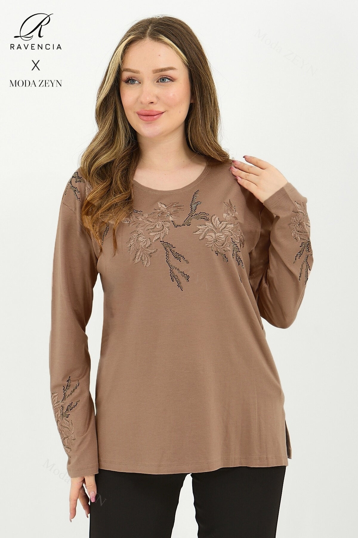 Kadın Orta Yaş Ve Üzeri Viskon Ağaç Desen Taşlı Işlemeli Likralı Anne Penye Bluz