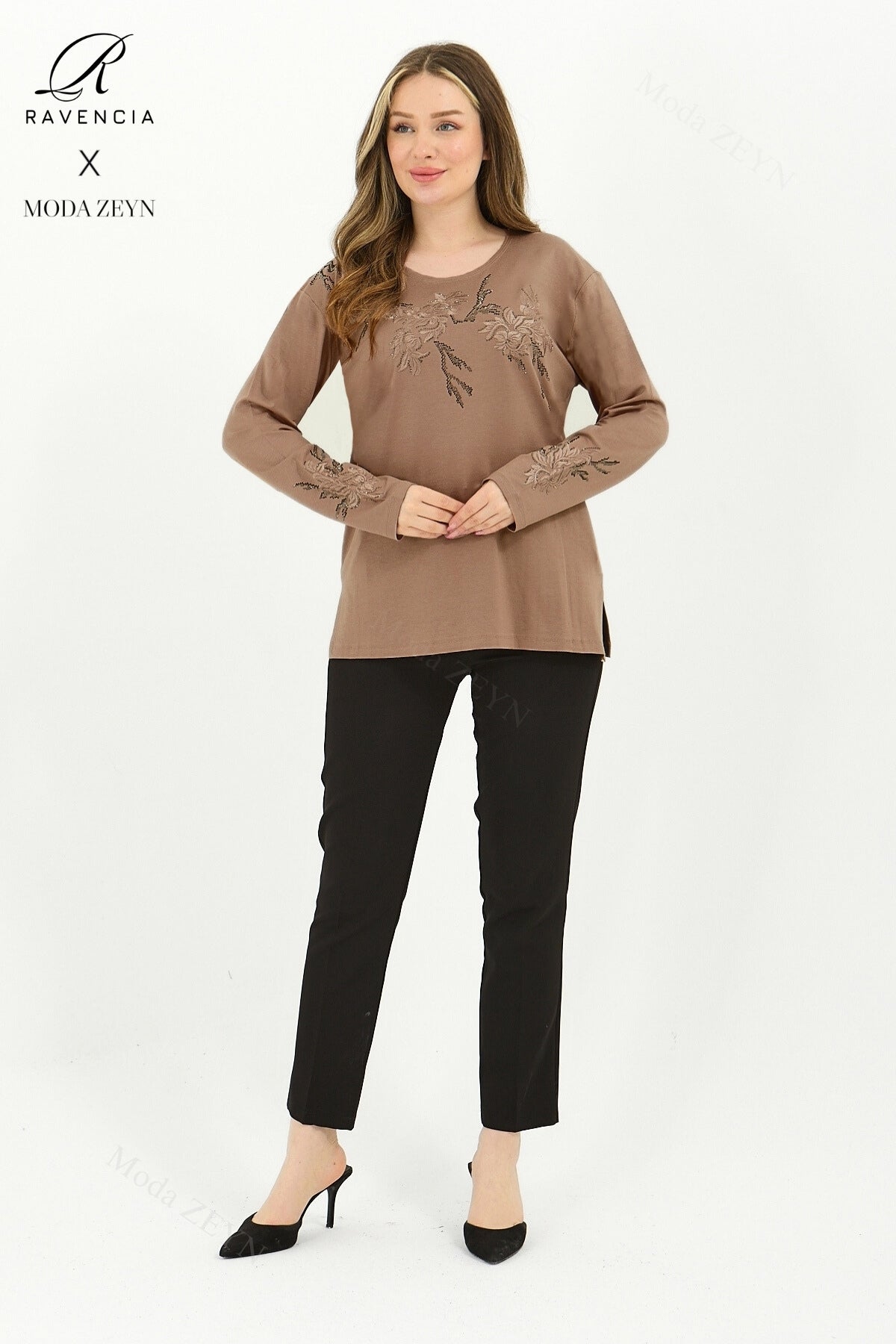 Kadın Orta Yaş Ve Üzeri Viskon Ağaç Desen Taşlı Işlemeli Likralı Anne Penye Bluz