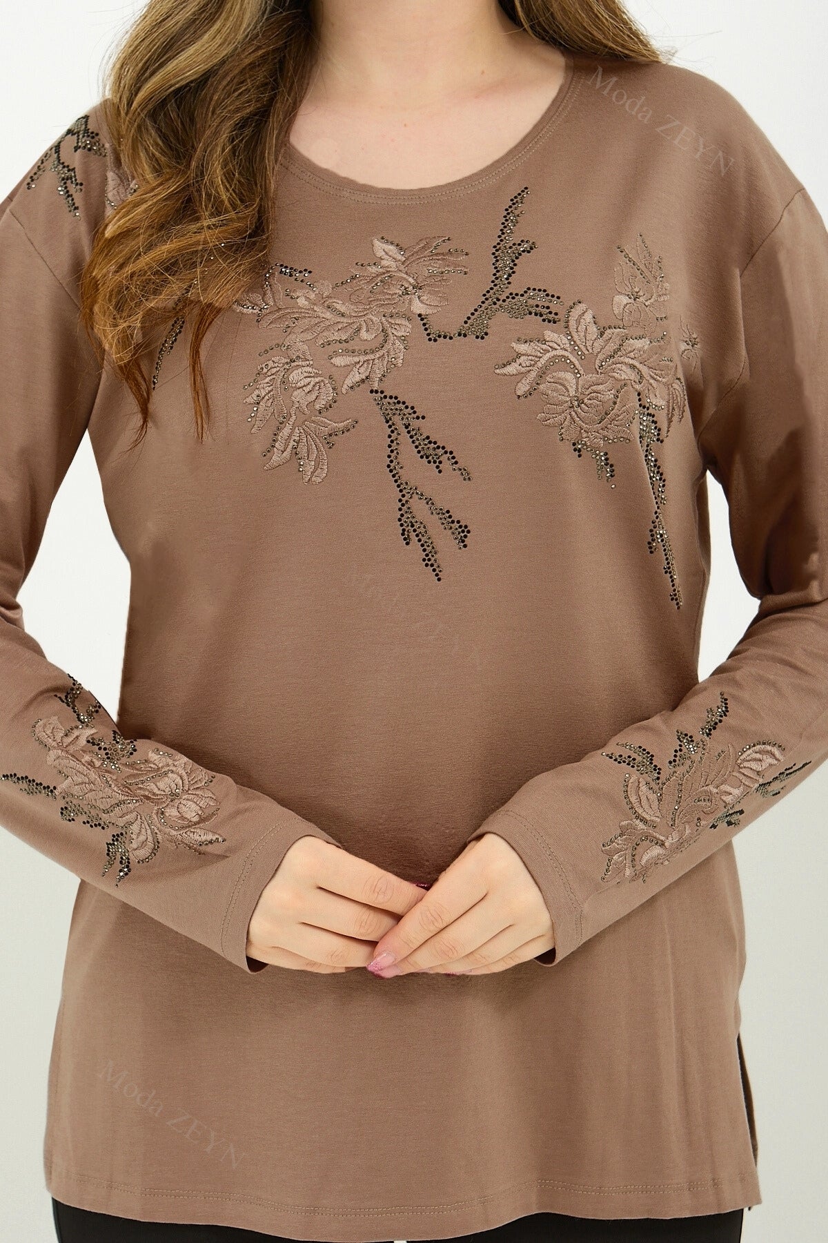 Kadın Orta Yaş Ve Üzeri Viskon Ağaç Desen Taşlı Işlemeli Likralı Anne Penye Bluz