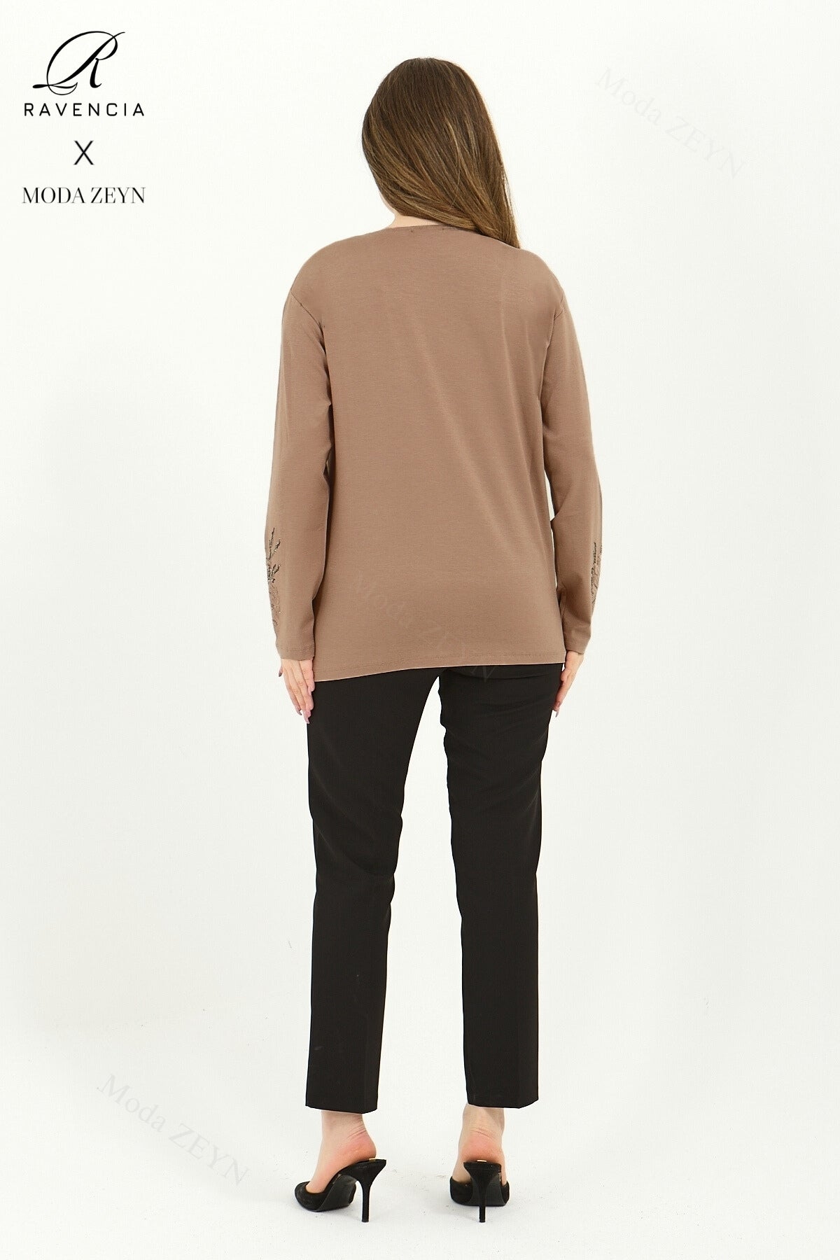 Kadın Orta Yaş Ve Üzeri Viskon Ağaç Desen Taşlı Işlemeli Likralı Anne Penye Bluz