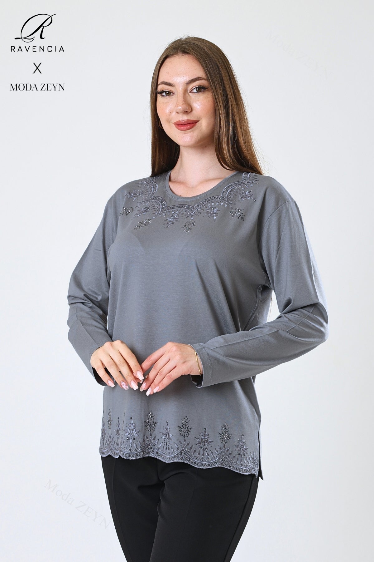 Kadın Yaprak Desenli Eteği Ve Yakası Taşlı Işlemeli Likralı Viskon Anne Penye Bluz