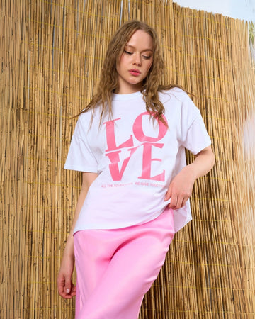 Kadın Love Baskılı %100 Pamuk Oversize T-Shirt