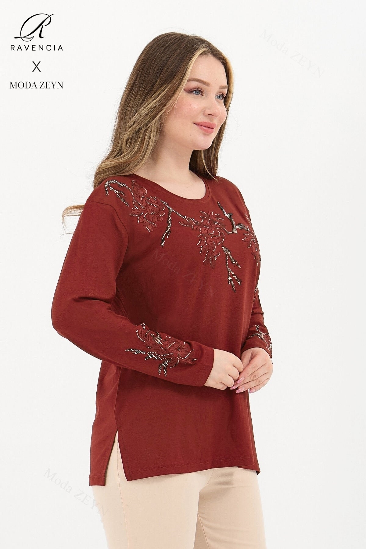 Kadın Orta Yaş Ve Üzeri Viskon Ağaç Desen Taşlı Işlemeli Likralı Anne Penye Bluz