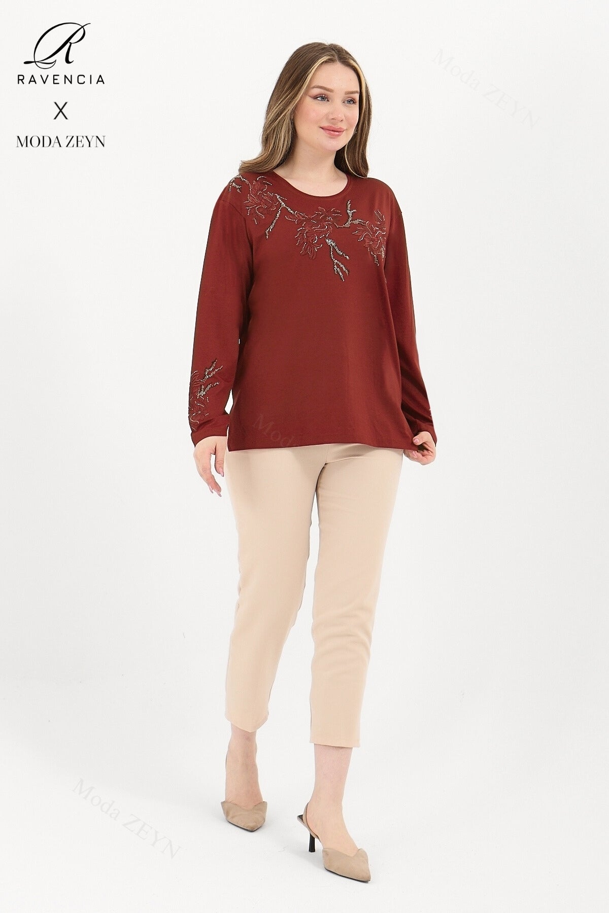 Kadın Orta Yaş Ve Üzeri Viskon Ağaç Desen Taşlı Işlemeli Likralı Anne Penye Bluz