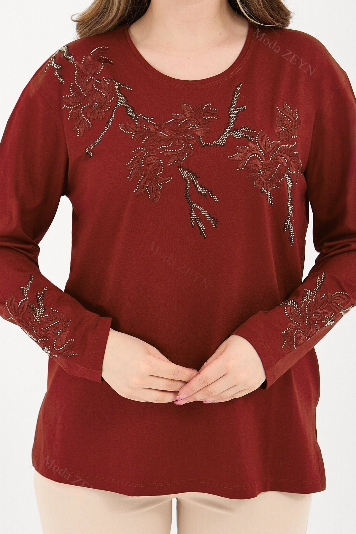 Kadın Viskon Ağaç Desen Taşlı Işlemeli Likralı Anne Penye Bluz