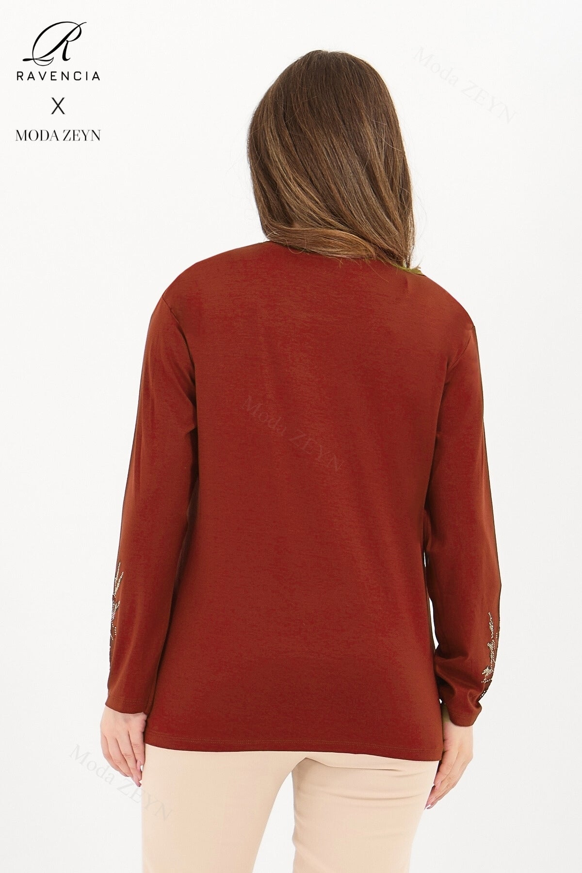 Kadın Viskon Ağaç Desen Taşlı Işlemeli Likralı Anne Penye Bluz