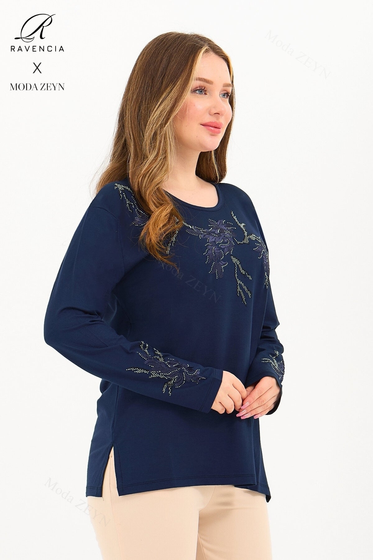 Kadın Viskon Ağaç Desen Taşlı Işlemeli Likralı Anne Penye Bluz