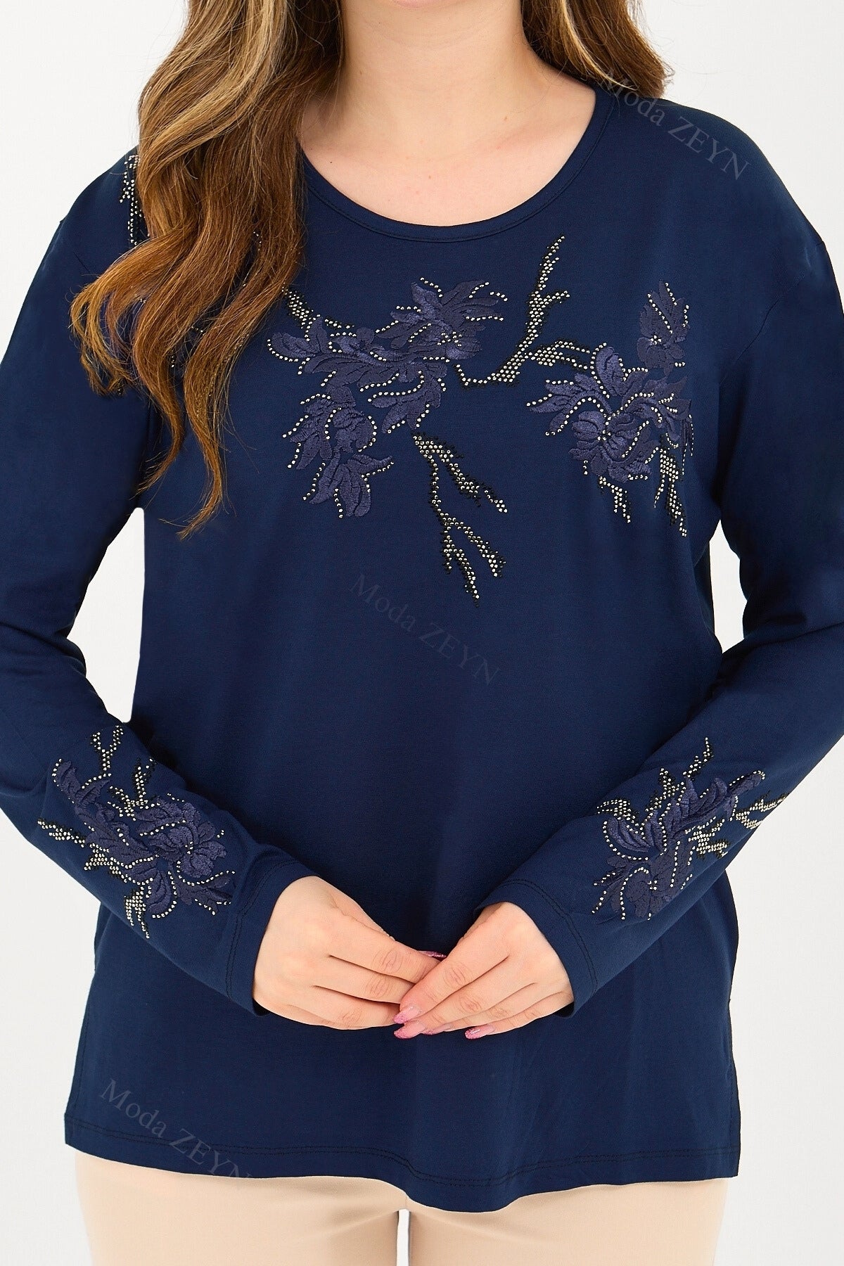 Kadın Viskon Ağaç Desen Taşlı Işlemeli Likralı Anne Penye Bluz