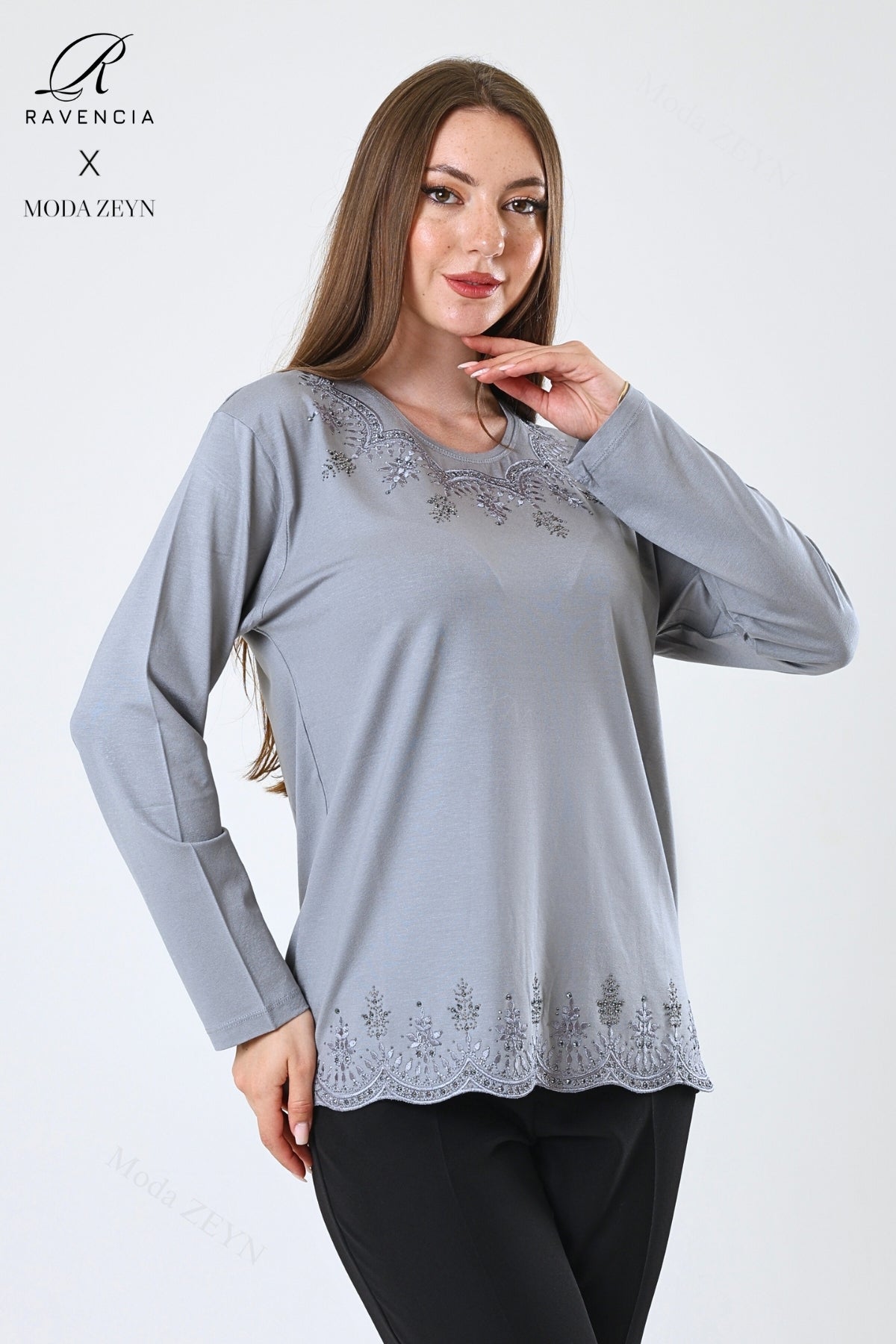 Kadın Orta Yaş Ve Üzeri Viskon Yaprak Desenli Eteği Yakası Taşlı Işlemeli Likralı Zümrüt Anne Penye