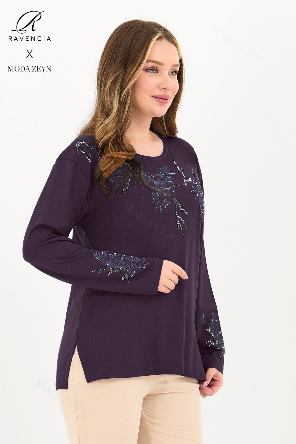 Kadın Viskon Ağaç Desen Taşlı Işlemeli Likralı Anne Penye Bluz