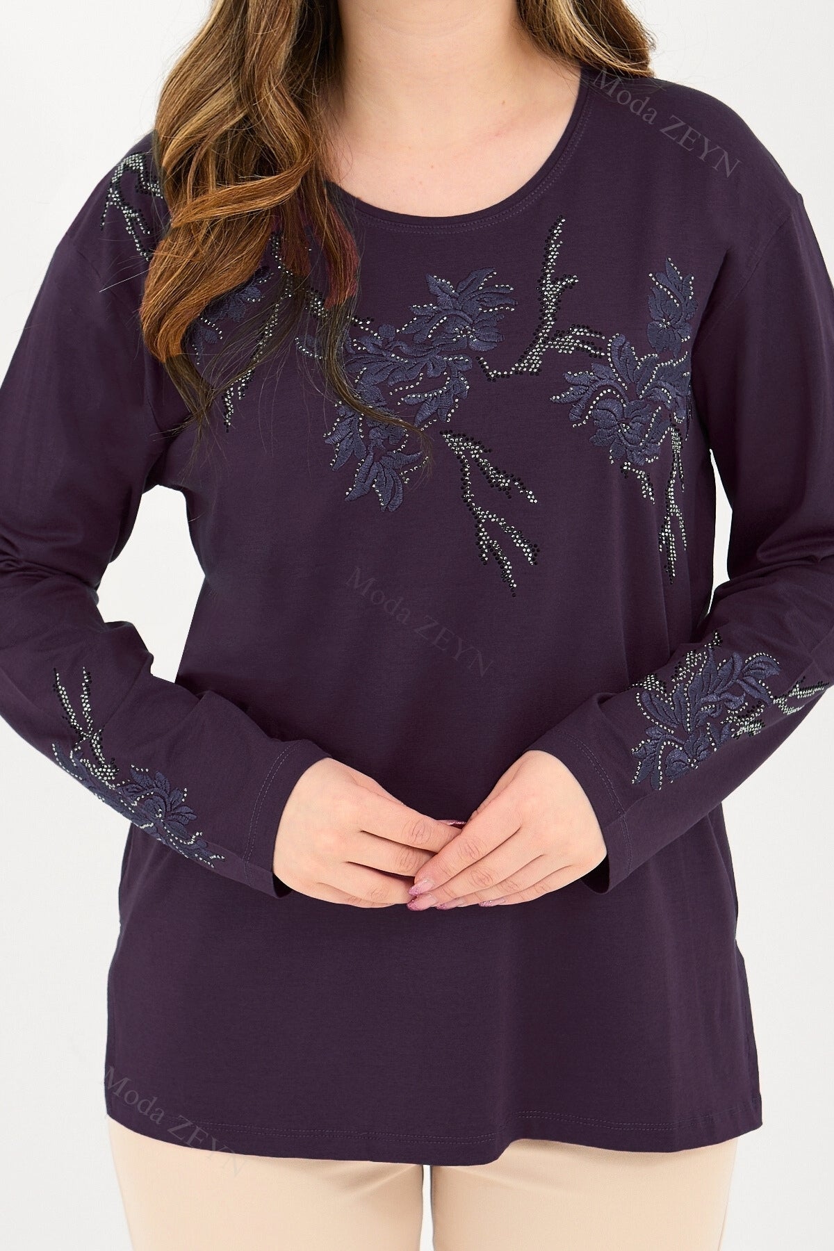 Kadın Viskon Ağaç Desen Taşlı Işlemeli Likralı Anne Penye Bluz