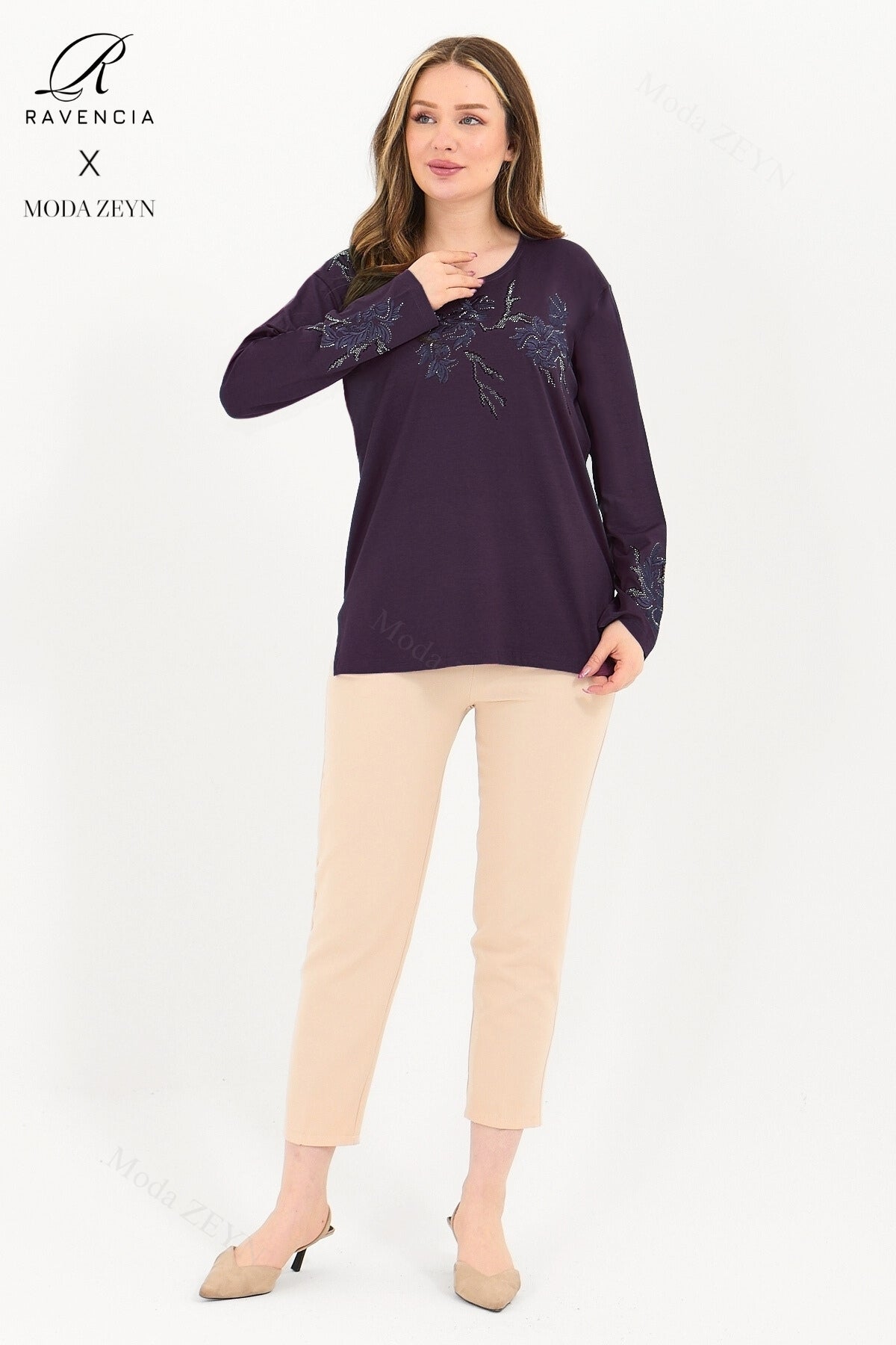 Kadın Orta Yaş Ve Üzeri Viskon Ağaç Desen Taşlı Işlemeli Likralı Anne Penye Bluz