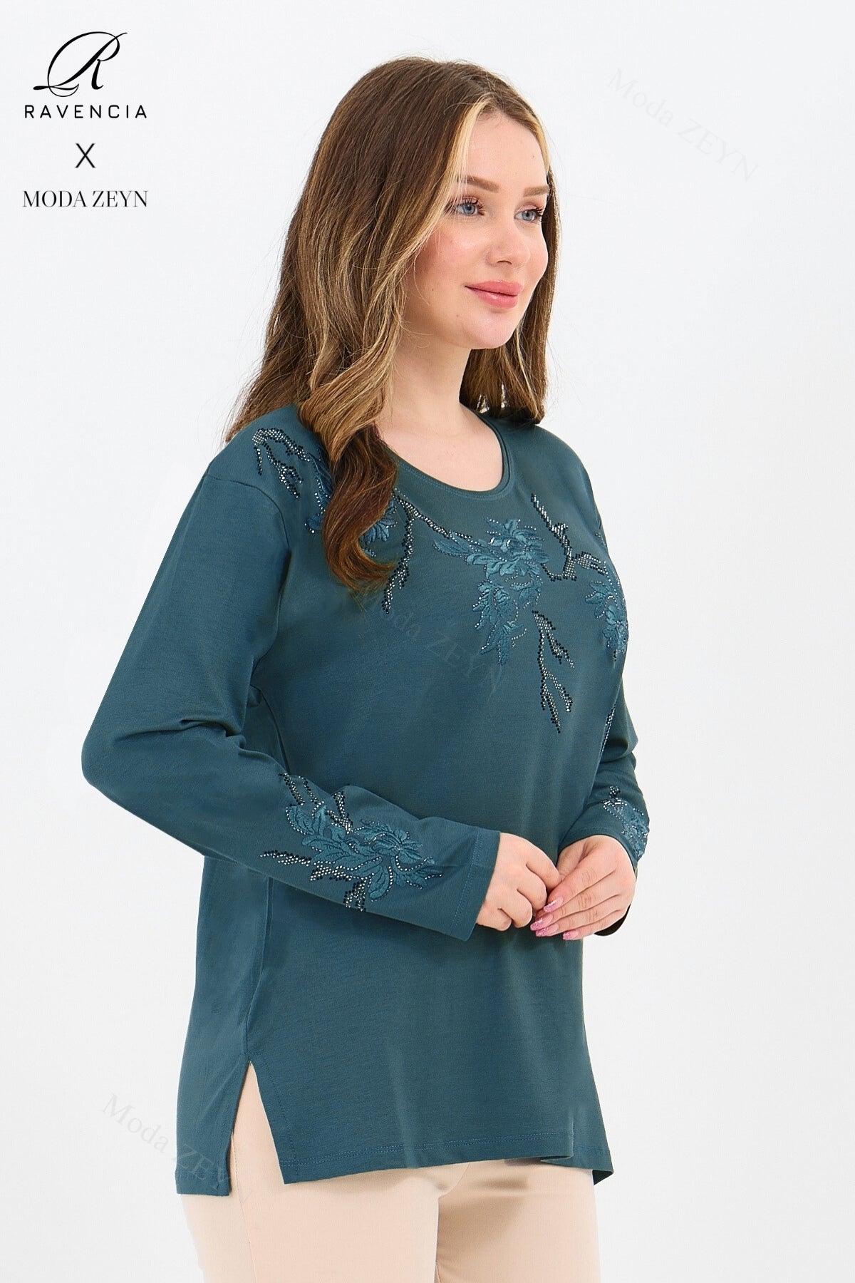 Kadın Viskon Ağaç Desen Taşlı Işlemeli Likralı Anne Penye Bluz